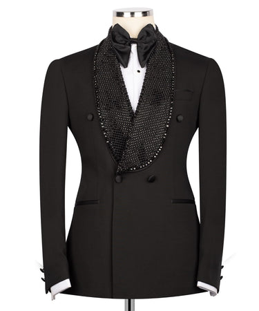 Black Embellished Wool Blend Double Breasted Tuxedo | BTS Bespoke