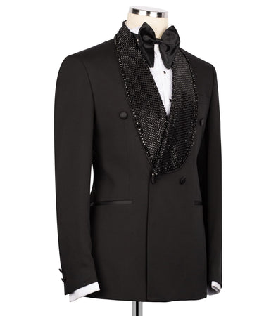 Black Embellished Wool Blend Double Breasted Tuxedo | BTS Bespoke