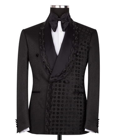 Black Embellished Luxury Blend Double Breasted Tuxedo | BTS Bespoke