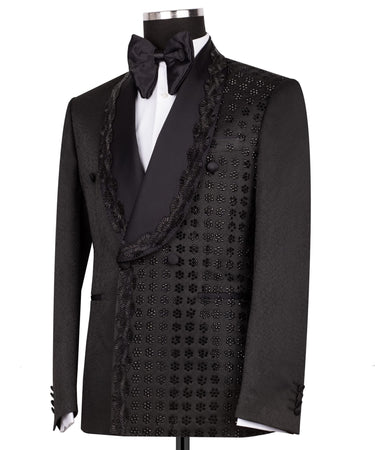 Black Embellished Luxury Blend Double Breasted Tuxedo | BTS Bespoke