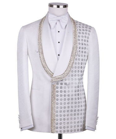 White Crystal Embellished Double Breasted Tuxedo | BTS Bespoke