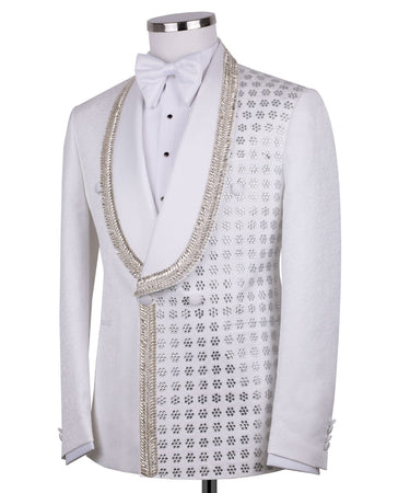 White Crystal Embellished Double Breasted Tuxedo | BTS Bespoke