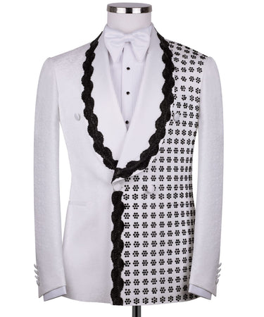 White Hand-Embellished Jacquard Double Breasted Tuxedo | BTS Bespoke