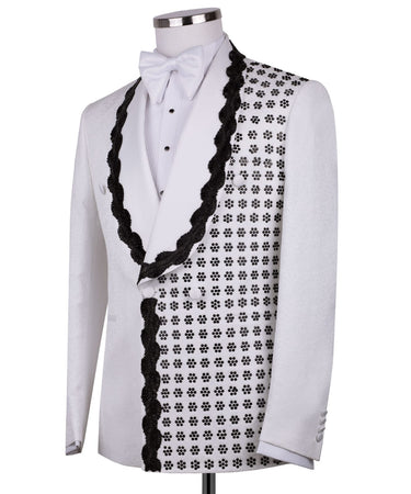 White Hand-Embellished Jacquard Double Breasted Tuxedo | BTS Bespoke