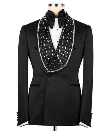 Black Textured Double Breasted Tuxedo with Embellished Shawl Lapel | BTS Bespoke