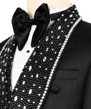 Black Textured Double Breasted Tuxedo with Embellished Shawl Lapel | BTS Bespoke