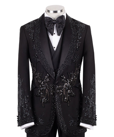 Black Embellished Wool Blend Peak Lapel Tuxedo | BTS Bespoke
