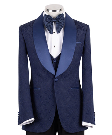 Navy Blue Jacquard Peak Lapel Three-Piece Tuxedo | BTS Bespoke