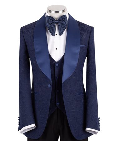 Navy Blue Jacquard Peak Lapel Three-Piece Tuxedo | BTS Bespoke