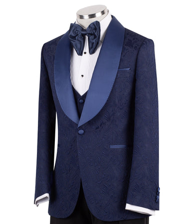 Navy Blue Jacquard Peak Lapel Three-Piece Tuxedo | BTS Bespoke
