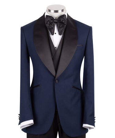 Navy Blue Wool Blend Shawl Lapel Three Piece Tuxedo | BTS Bespoke