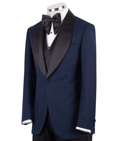 Navy Blue Wool Blend Shawl Lapel Three Piece Tuxedo | BTS Bespoke