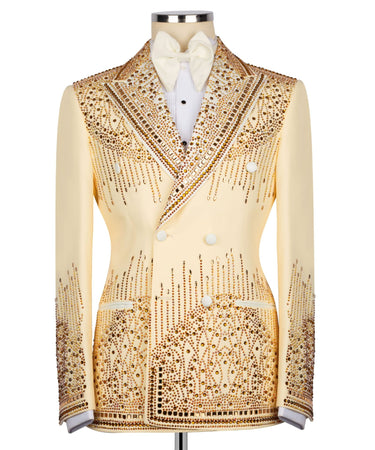 Champagne Gold Embellished Double Breasted Peak Lapel Tuxedo | BTS Bespoke