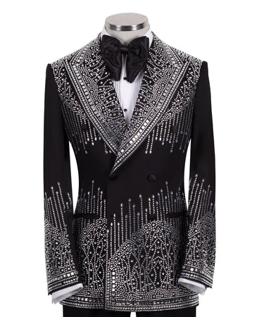 Black Embellished Wool Blend Double Breasted Tuxedo | BTS Bespoke
