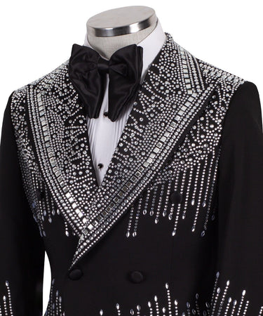 Black Embellished Wool Blend Double Breasted Tuxedo | BTS Bespoke