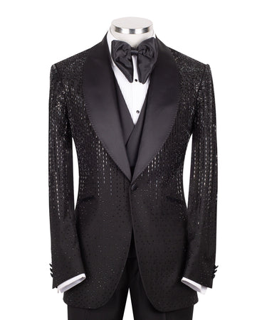 Black Hand-Embellished Wool Blend Three-Piece Tuxedo | BTS Bespoke