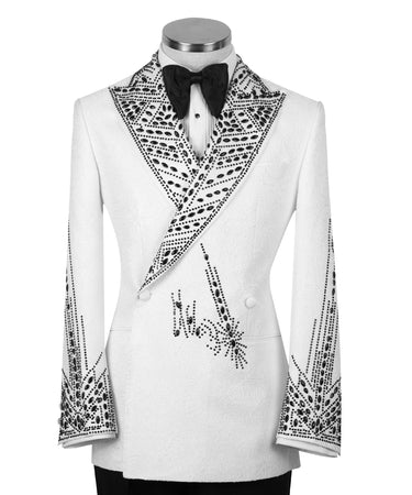 White & Black Marquise Crystal Silk-Satin Jacquard Double-Breasted Tuxedo — Drop 6 Regular Fit Silk-Satin Full Silhouette | B