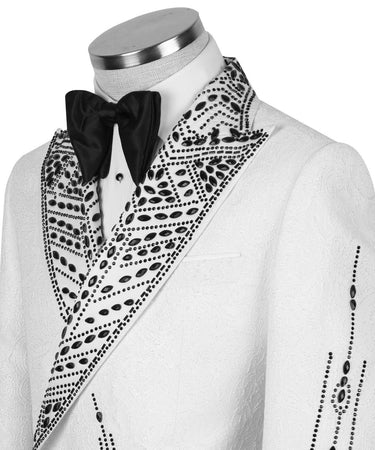 White & Black Marquise Crystal Silk-Satin Jacquard Double-Breasted Tuxedo — Istanbul Atelier Artisanal Stone Work View | BTS