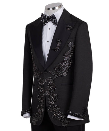 Black Crystal Embellished Tuxedo Jacket