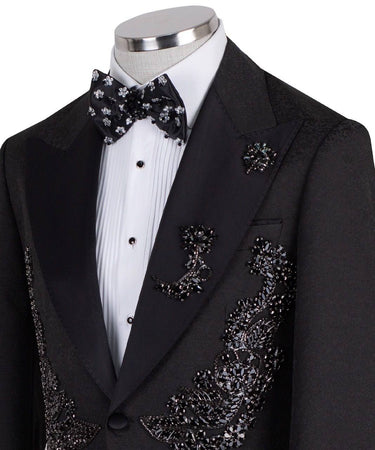 Black Crystal Embellished Tuxedo Jacket