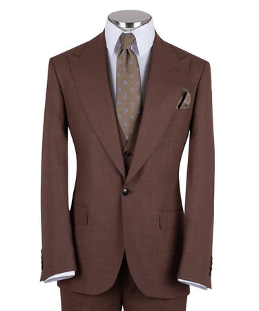 Chocolate brown wool blend three-piece suit for men with jacket, vest, and trousers