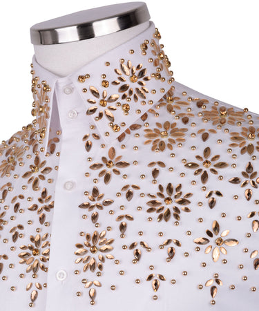 White Shirt with Gold Stone Floral Details - HandCrafted Shirts | Black Tuxedo Style