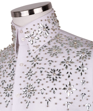 White Shirt with Silver Stone Floral Details - HandCrafted Shirts | Black Tuxedo Style