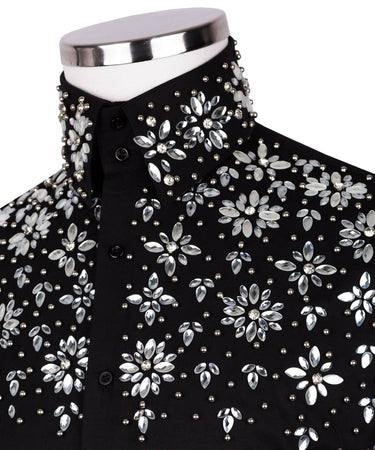 Black Shirt with White Stone Floral Details - HandCrafted Shirts | Black Tuxedo Style