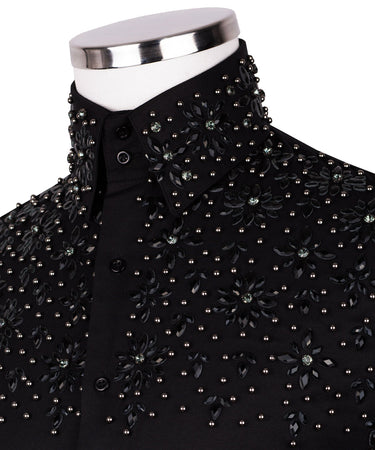 Black Shirt with Black Stone Floral Details - HandCrafted Shirts | Black Tuxedo Style