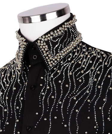 Black Shirt with Flowing Water Pattern and Stone Details - HandCrafted Shirts | Black Tuxedo Style