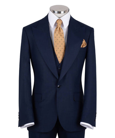 Navy blue wool blend three-piece suit for men with jacket, vest, and trousers
