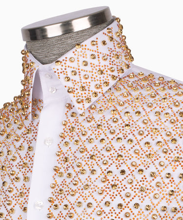 Elegant White Shirt with Geometric Pattern and Stone Gold Details - HandCrafted Shirts | Black Tuxedo Style