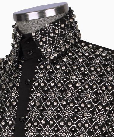 Elegant Black Shirt with Geometric Pattern and Stone Silver Details - HandCrafted Shirts | Black Tuxedo Style