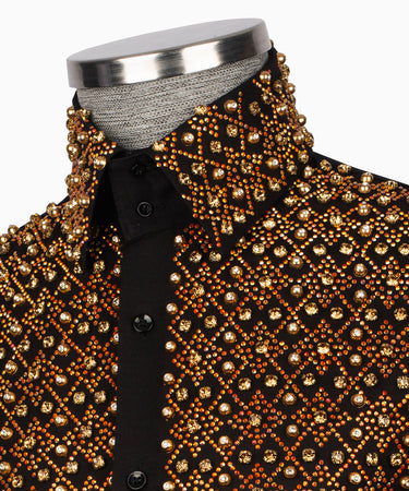 Elegant Black Shirt with Geometric Pattern and Stone Gold Details - HandCrafted Shirts | Black Tuxedo Style