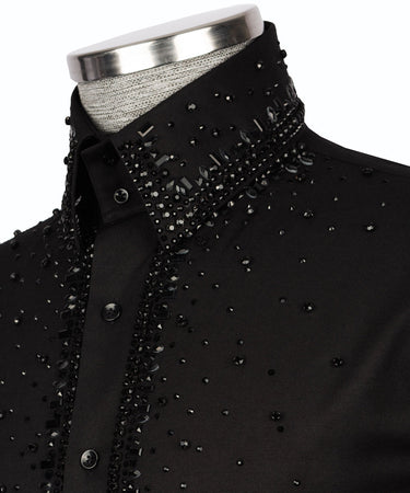Black Shirt with Black Stone Vertical Stripe Details - HandCrafted Shirts | Black Tuxedo Style