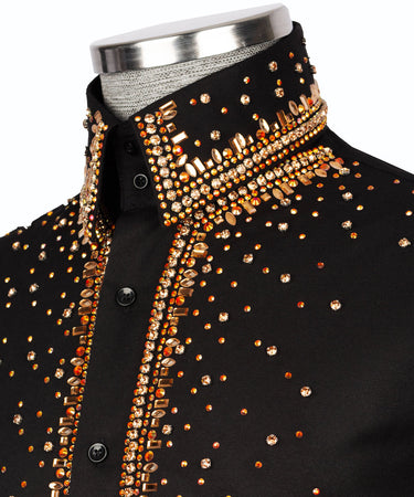 Black Shirt with Gold Stone Vertical Stripe Details - HandCrafted Shirts | Black Tuxedo Style