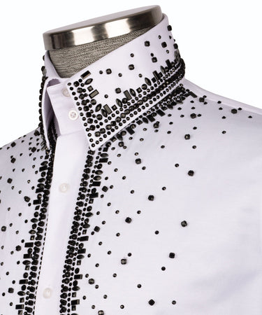 Elegant White Shirt with Black Stone Vertical Stripe Details - HandCrafted Shirts | Black Tuxedo Style