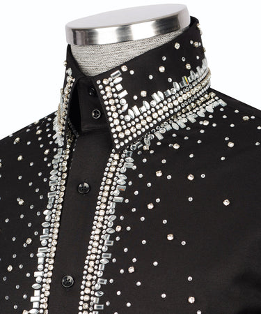 Elegant Black Shirt with Silver Stone Vertical Stripe Details - HandCrafted Shirts | Black Tuxedo Style