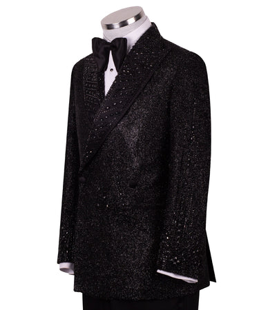 Black Shimmer Crystal-Embellished Silk-Satin Double-Breasted Tuxedo — Hand-Set Crystal & Silk-Satin Peak Lapel Detail | BTS B
