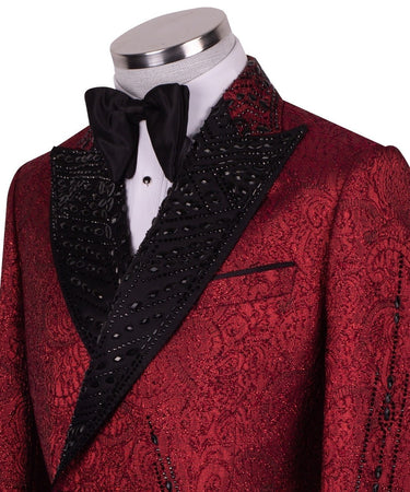 Crimson Burgundy & Black Crystal Silk-Satin Jacquard Double-Breasted Tuxedo — Istanbul Atelier Artisanal Stone Work View | BT