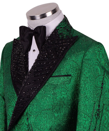 Emerald Green & Black Crystal Silk-Satin Jacquard Double-Breasted Tuxedo — Istanbul Atelier Artisanal Stone Work View | BTS B