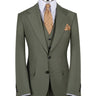 Olive green three-piece suit for men with jacket, vest, and trousers