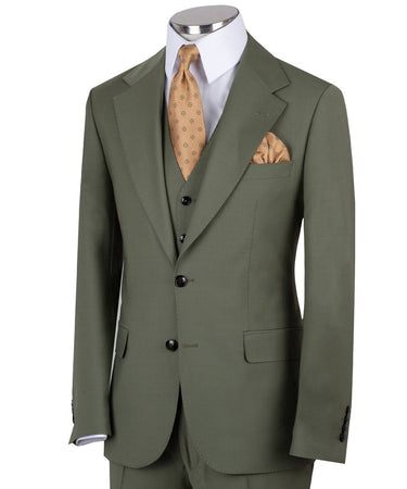 Olive green three-piece suit for men with jacket, vest, and trousers