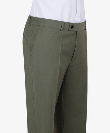 Olive green three-piece suit for men with jacket, vest, and trousers