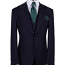 Navy blue three-piece suit for men with jacket, vest, and trousers