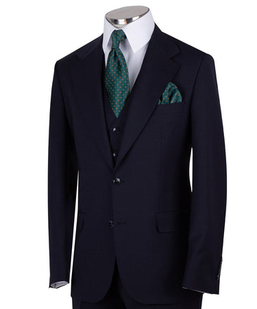Navy blue three-piece suit for men with jacket, vest, and trousers