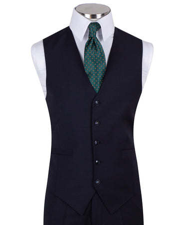 Navy blue three-piece suit for men with jacket, vest, and trousers