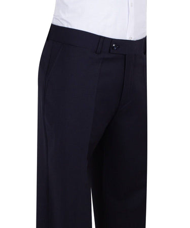 Navy blue three-piece suit for men with jacket, vest, and trousers