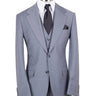Men's light grey three-piece suit from Black Tuxedo Style, featuring a tailored jacket, vest, and trousers, perfect for weddings, engagements, and business formal events.