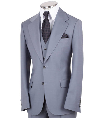 Men's light grey three-piece suit from Black Tuxedo Style, featuring a tailored jacket, vest, and trousers, perfect for weddings, engagements, and business formal events.